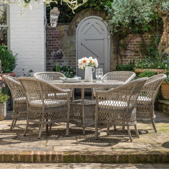 Maxton Outdoor Glass Top 6 Seater Round Dining Set In Stone