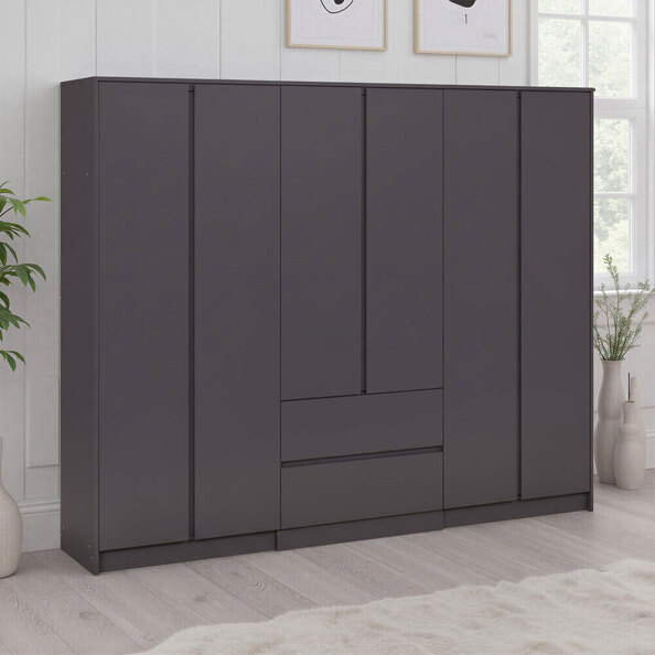 Mcgowen Wooden Wardrobe with 6 Doors 2 Drawers in Grey