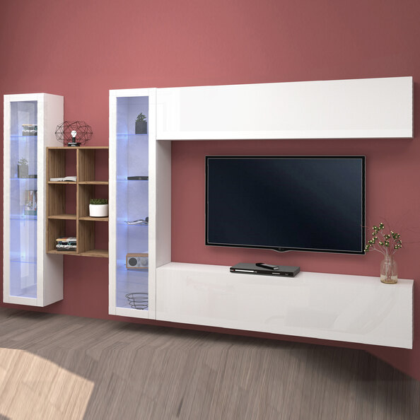Mcrae LED White Glossy Entertainment Unit With 2 Glass Doors And 6 Shelves In Oak