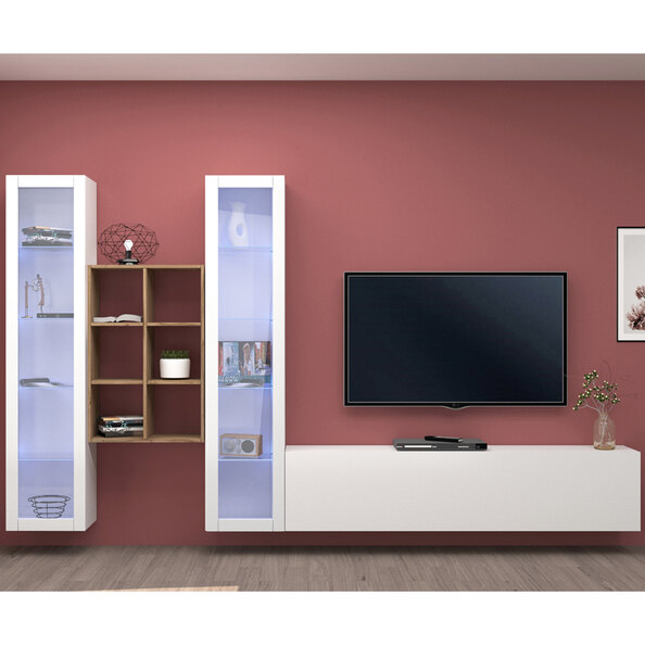 Mcrae LED White Glossy L Shape Entertainment Unit With 2 Glass Doors And 6 Shelves In Oak