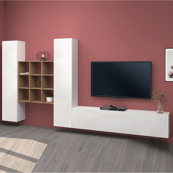 Mcrae LED White Glossy L Shape Entertainment Unit With 3 Doors In Oak