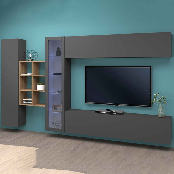 Mcrae LED Wooden Entertainment Unit With 1 Glass Door And 6 Shelves In Anthracite Oak