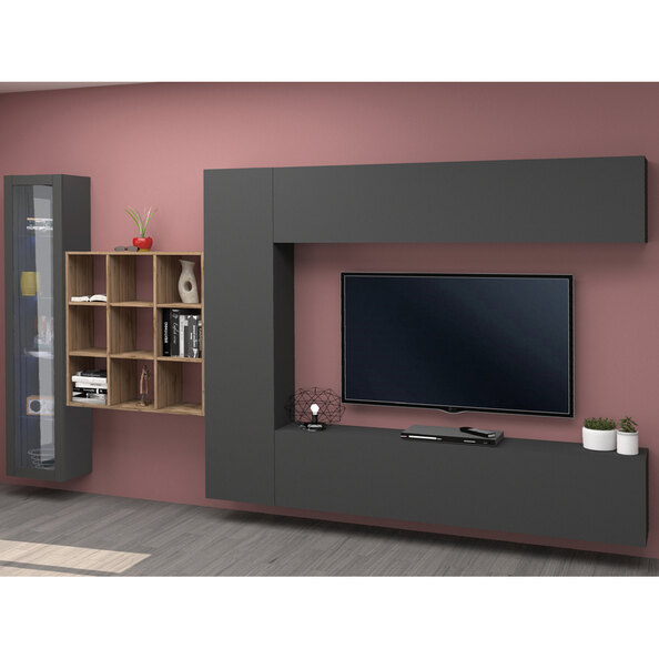 Mcrae LED Wooden Entertainment Unit With 1 Glass Door And 9 Shelves In Anthracite Oak