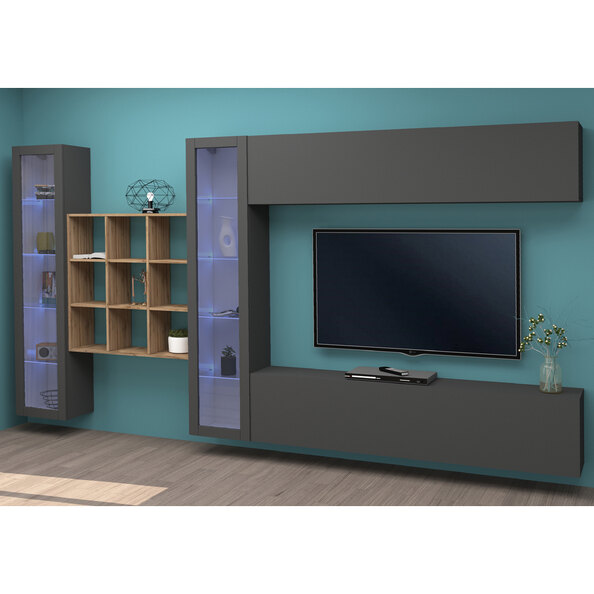Mcrae LED Wooden Entertainment Unit With 2 Glass Doors And 9 Shelves In Anthracite Oak