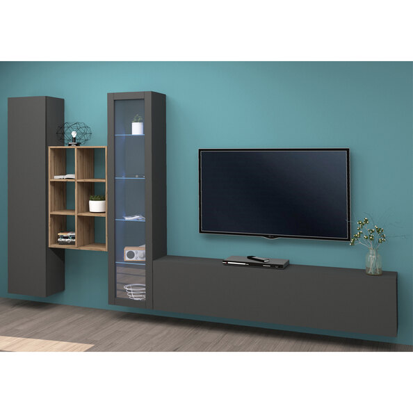 Mcrae LED Wooden L Shape Entertainment Unit With 1 Glass Door And 6 Shelves In Anthracite Oak