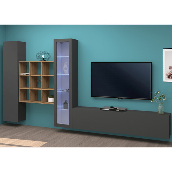 Mcrae LED Wooden L Shape Entertainment Unit With 1 Glass Door And 9 Shelves In Anthracite Oak