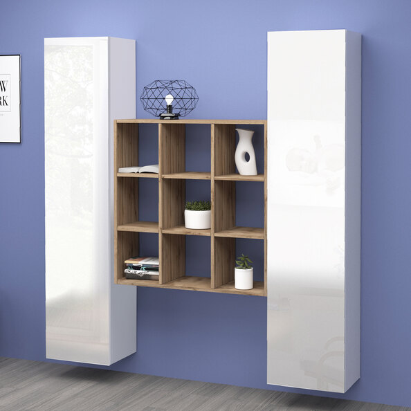 Mcrae White Glossy Storage Cabinet With 2 Doors And 9 Shelves In Oak