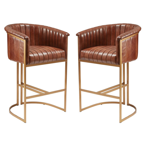Medinah Pecan Brown Genuine Leather Bar Stools In Pair