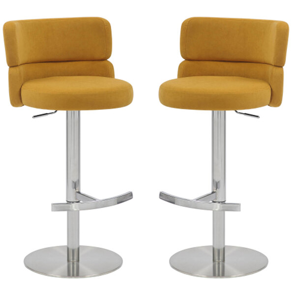 Melrose Mustard Velvet Bar Stools with Chrome Base in Pair