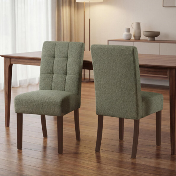 Mendoza Green Weave Fabric Dining Chairs with Walnut Legs in Pair