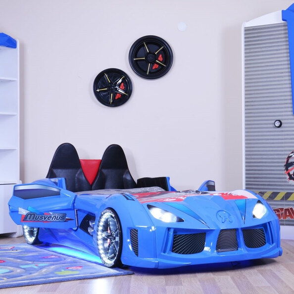 Menve Blue Children Car Bed with Black Leather Seat and LED
