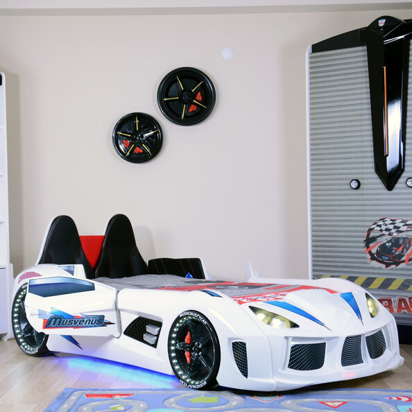 Menve White Children Car Bed with Black Leather Seat and LED