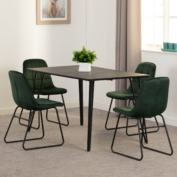 Mequon Black Marble Effect Dining Table With 4 Lyster Green Chairs