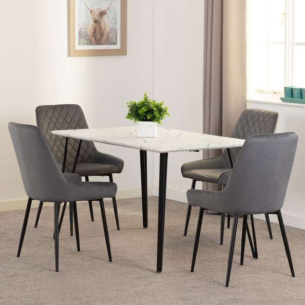 Mequon White Marble Effect Top Dining Table with 4 Avah Grey Chairs