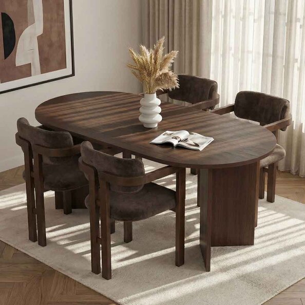 Meridale Milano Walnut Oval Wooden Dining Table with 4 Brown Chairs