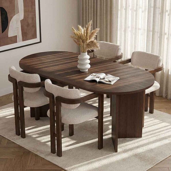 Meridale Milano Walnut Oval Wooden Dining Table with 4 White Chairs