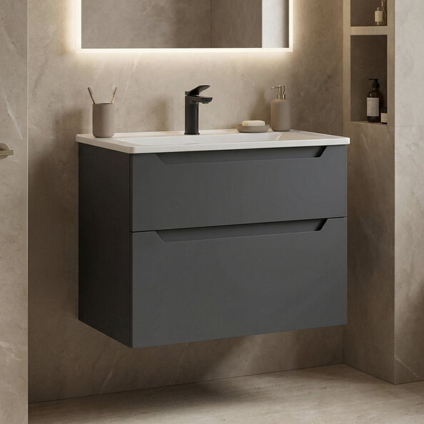 Messina Wooden Wall Mounted Vanity Unit & Basin with 2 Drawers in Matte Anthracite