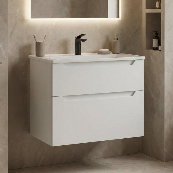 Messina Wooden Wall Mounted Vanity Unit & Basin with 2 Drawers in Matte White