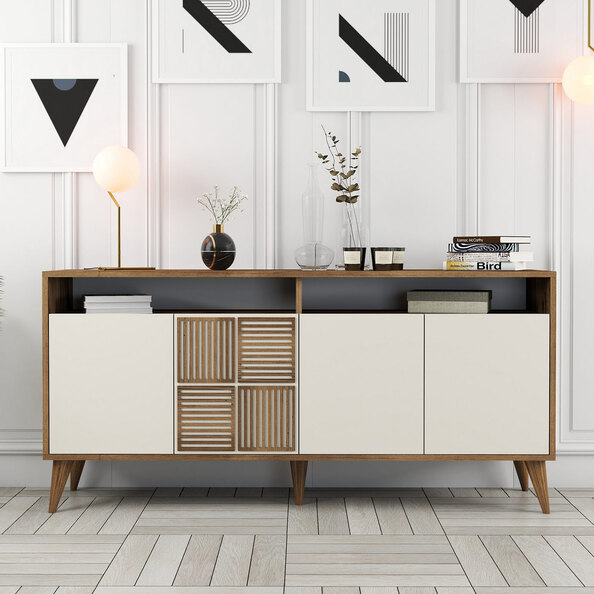 Milan Small Wooden Sideboard with 4 Doors in Walnut and Cream