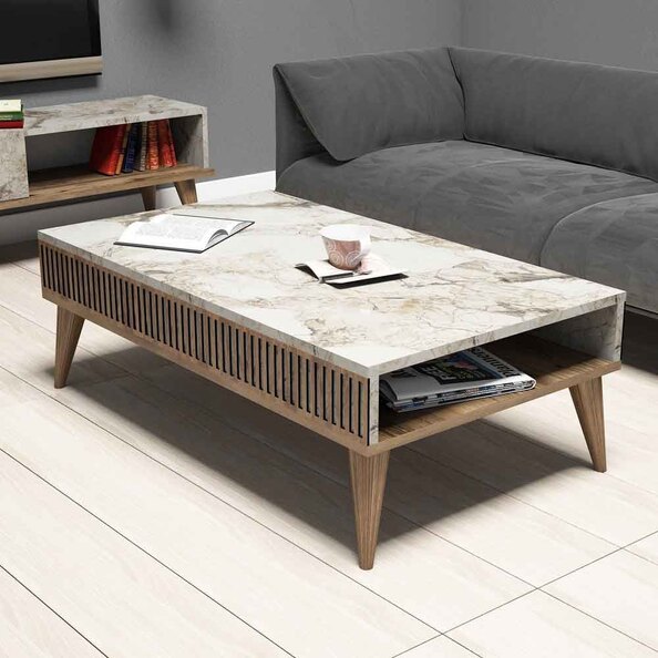 Milan Wooden Coffee Table in White Marble Effect and Walnut