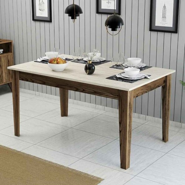 Milan Wooden Dining Table in Walnut and Travertine Marble Effect
