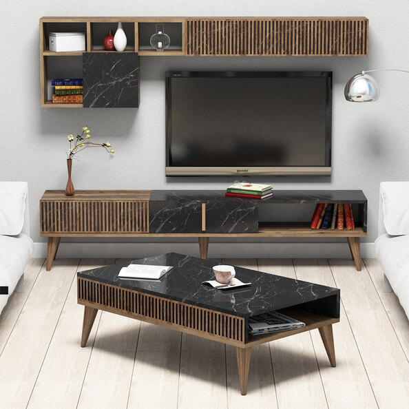 Milan Wooden Entertainment Unit with Coffee Table Set in Walnut and Black