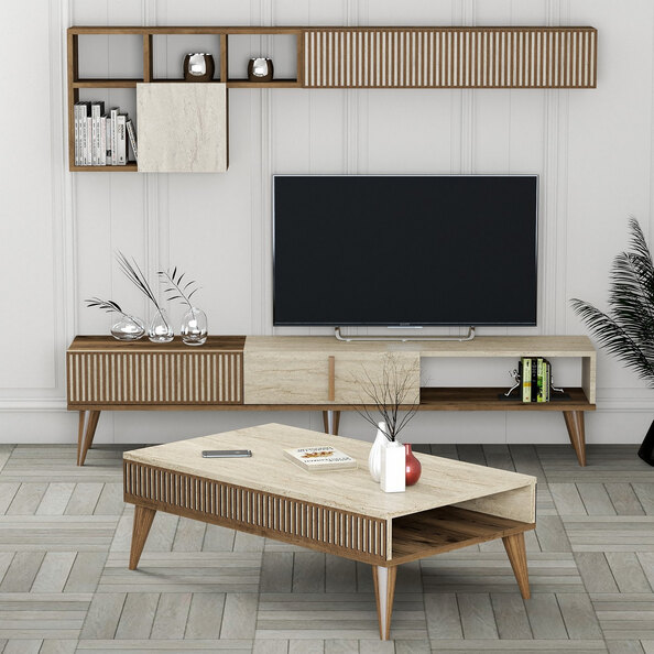 Milan Wooden Entertainment Unit with Coffee Table Set in Walnut and Travertine Marble Effect