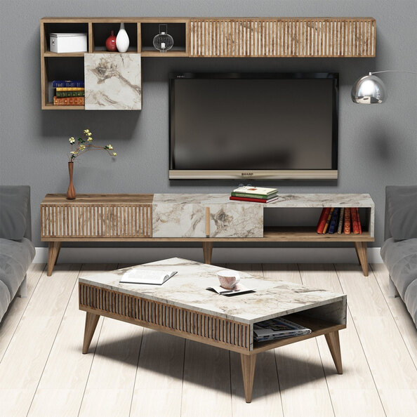 Milan Wooden Entertainment Unit with Coffee Table Set in Walnut and White Marble Effect