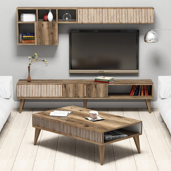 Milan Wooden Entertainment Unit with Coffee Table Set in Walnut