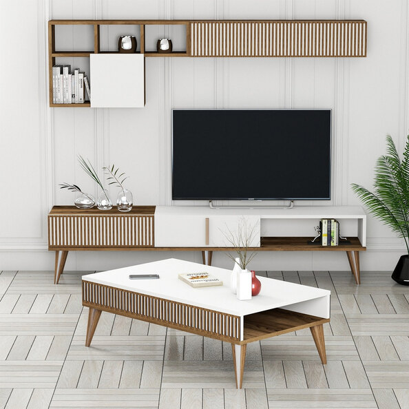 Milan Wooden Entertainment Unit with Coffee Table Set in White and Walnut