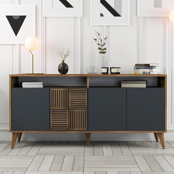 Milan Wooden Sideboard with 4 Doors in Walnut and Anthracite