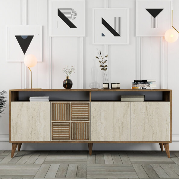 Milan Wooden Sideboard with 4 Doors in Walnut and Travertine Marble Effect