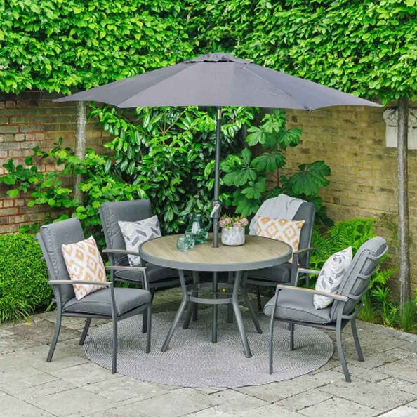 Mili Aluminium Garden 4 Seater Dining Set with Parasol in Graphite Grey