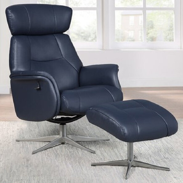 Milligan Leather Recliner Chair With Stool In Navy