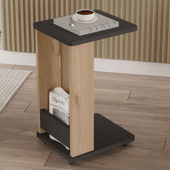 Mini Wooden Side Table with Magazine Rack in Oak and Anthracite