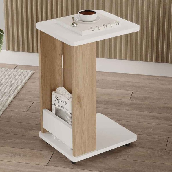 Mini Wooden Side Table with Magazine Rack in White and Oak