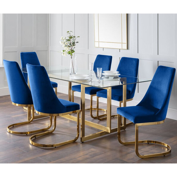 Macarena Clear Glass Dining Table With 6 Vangie Blue Chairs