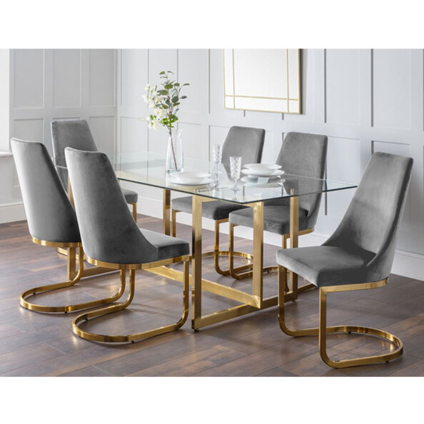 Macarena Clear Glass Dining Table With 6 Vangie Grey Chairs