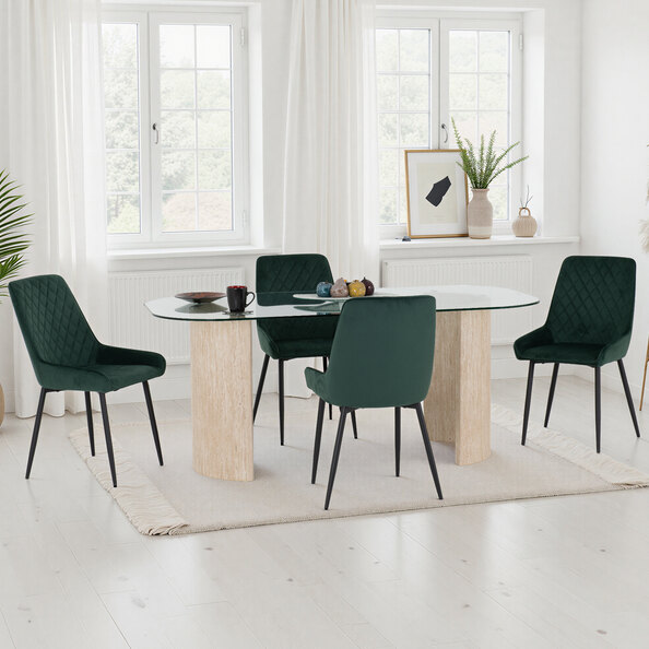 Mirano Clear Glass Top Dining Table With 4 Avah Emerald Green Chairs