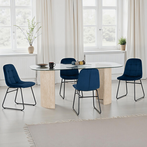 Mirano Clear Glass Top Dining Table With 4 Lyster Sapphire Blue Chairs