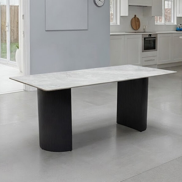 Modena Grey Sintered Stone Top Dining Table with Charcoal Ribbed Base