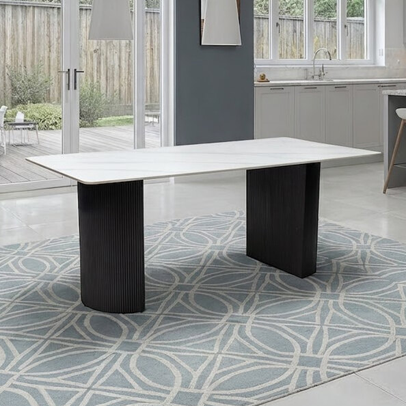 Modena White Sintered Stone Top Dining Table with Charcoal Ribbed Base