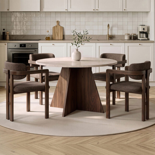 Monroe Travertine Marble Effect Wooden Dining Table with 4 Fabric Brown Chairs in Walnut