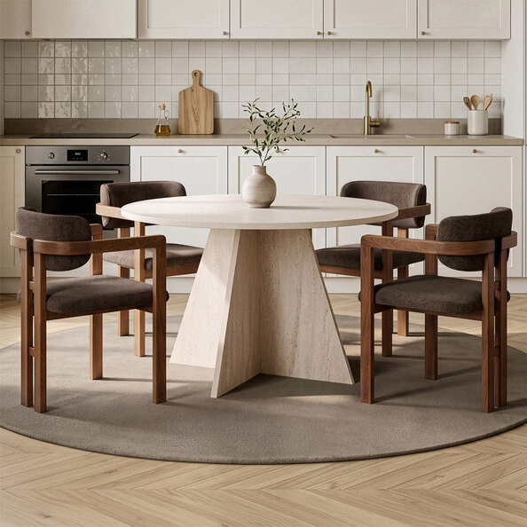 Monroe Travertine Marble Effect Wooden Dining Table with 4 Fabric Brown and Walnut Chairs