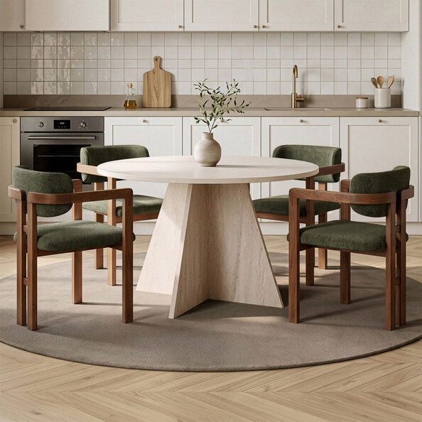Monroe Travertine Marble Effect Wooden Dining Table with 4 Fabric Green and Walnut Chairs