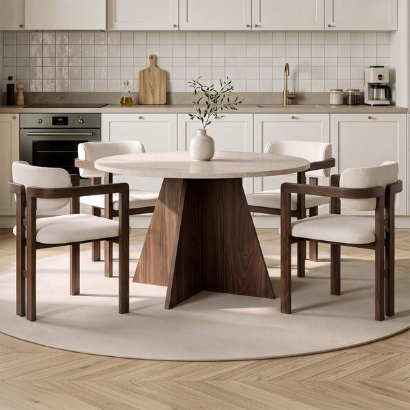 Monroe Travertine Marble Effect Wooden Dining Table with 4 Fabric White Chairs in Walnut