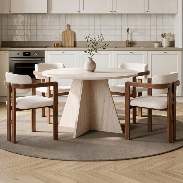 Monroe Travertine Marble Effect Wooden Dining Table with 4 Fabric White and Walnut Chairs