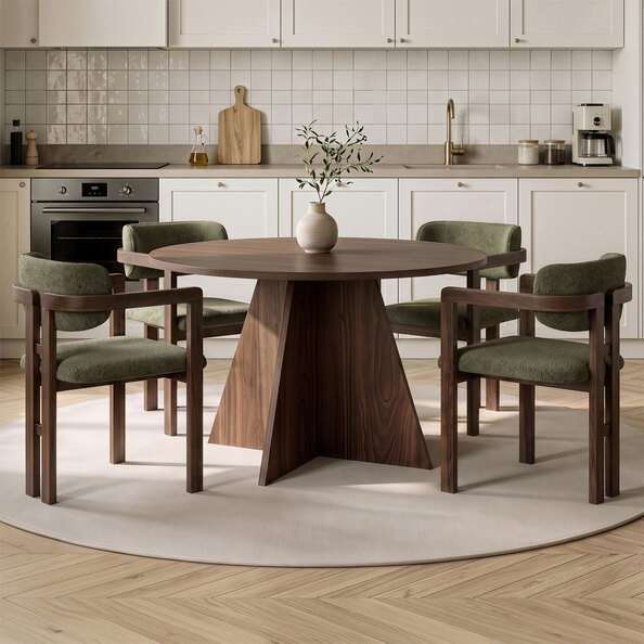 Monroe Walnut Wooden Dining Table with 4 Fabric Green Chairs