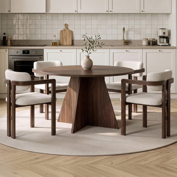 Monroe Walnut Wooden Dining Table with 4 Fabric White Chairs