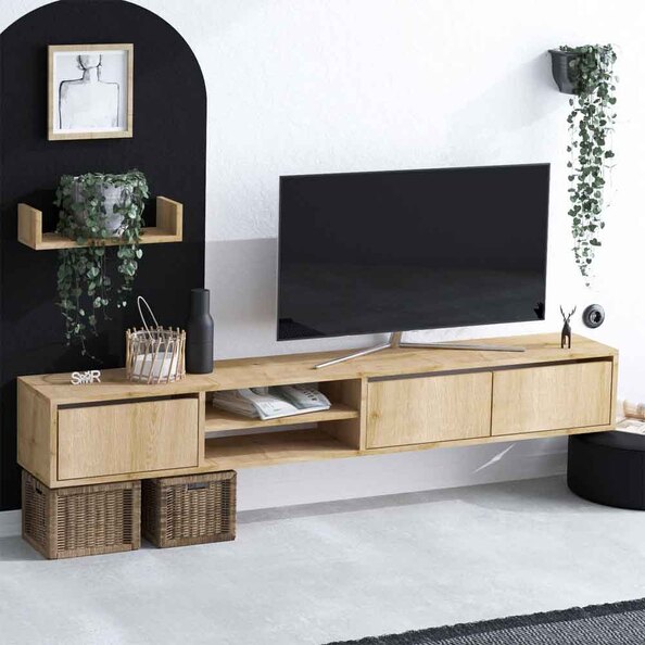 Montero Wooden TV Stand with Wall Shelf in Sapphire Oak